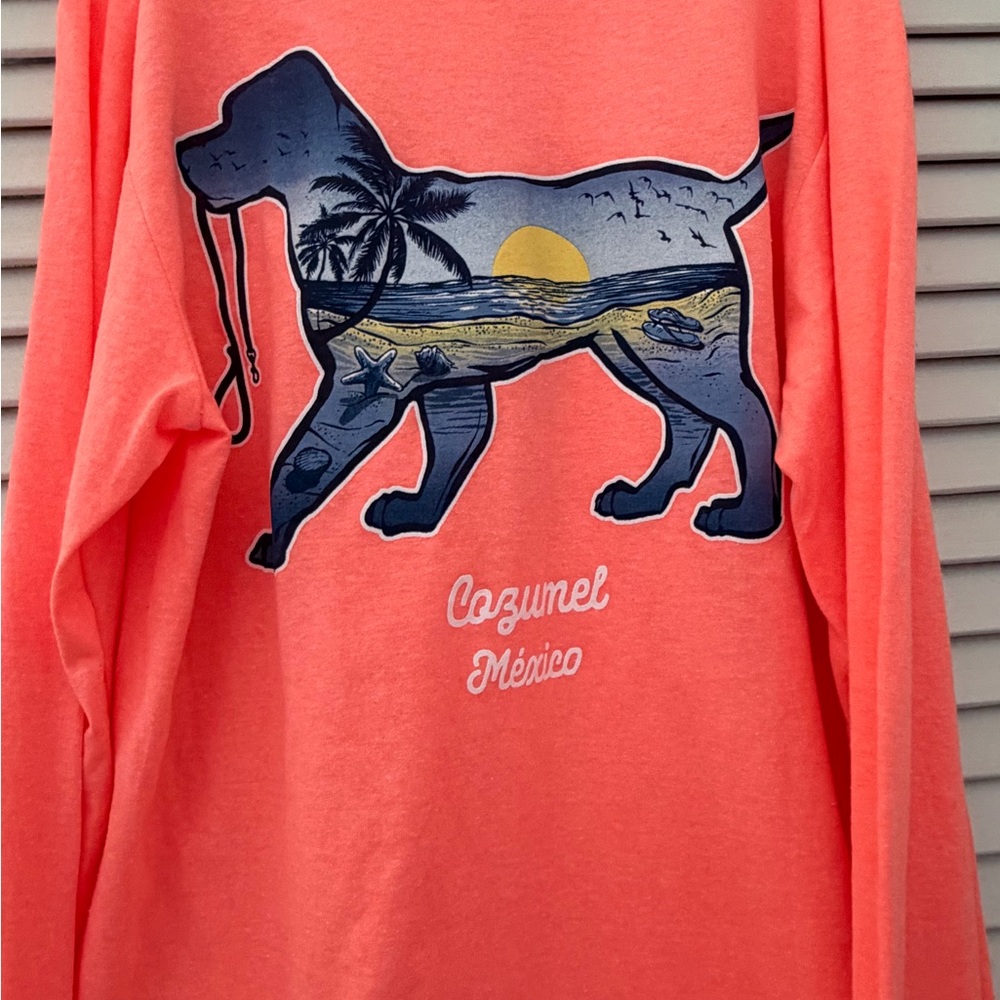 NEW vibrant orange Cozumel Mexico Coral Beach Dog long sleeve Tee
